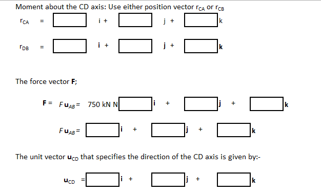 Moment about the CD axis: Use either position vector rCA or rcB
rCA
i +
j
i +
The force vector F;
F= FUAB= 750 kN N
li
k
+
+
FUAB=
i
The unit vector uco that specifies the direction of the CD axis is given by:-
UcD
i +
li +
k
