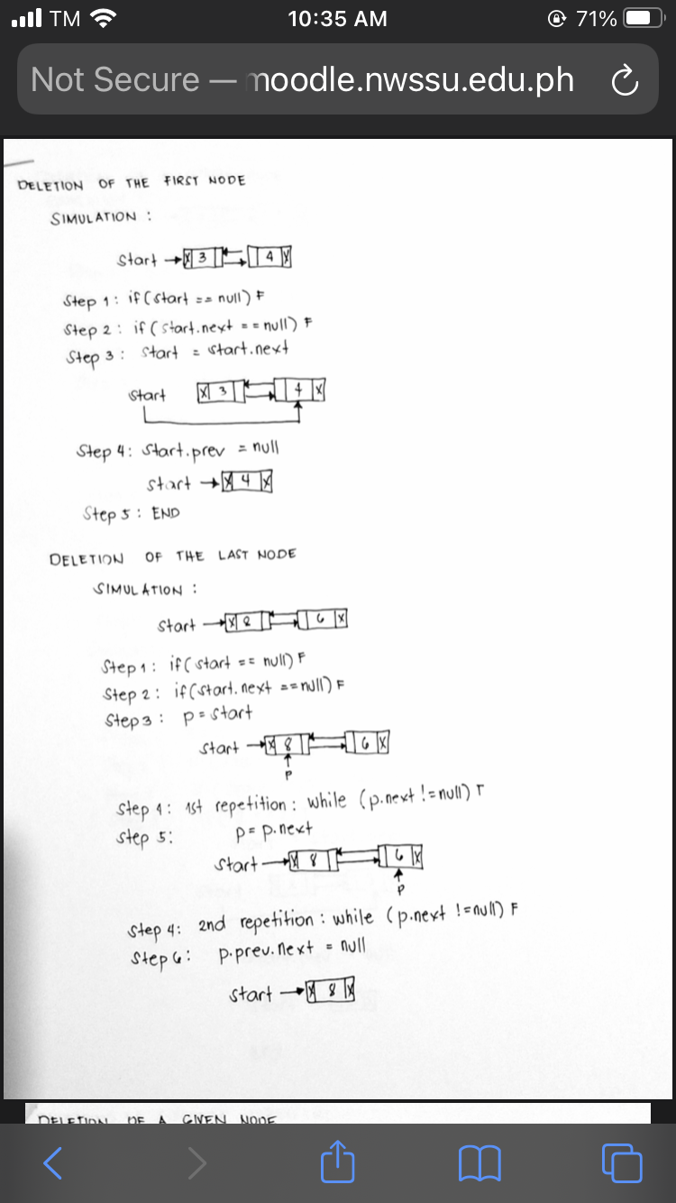 ull TM ?
10:35 AM
© 71%
Not Secure – noodle.nwssu.edu.ph
DELETION OF THE FIRST NODE
SIMULATION :
start +3E 4 Y
Step 1: if Cstart ==
null) =
Step 2: if (start.next == null) F
Start : start.next
Step 3 :
Start
Step 4: Start.
•prev
= null
start +4|
Step 5: END
DELETION
OF THE LAST NODE
SIMUL ATION :
start E T
Step 1: if( start == null) F
Step 2: ifCstart. next ==nJll) F
Step 3 : p- Start
start AOY
step 1: 1st repetition : while (p.next ! = null) r
step 5:
p p.next
start AT
step 4: 2nd repetition : while (p.next !=nul) F
= null
Step G: P-prev. Ne x+
start
DELETIDAN
DE
CNEN
MoDE
