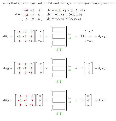 Verify that ; is an eigenvalue of A and that x; is a corresponding eigenvector.
-4 -2
3
A =
-2 -7
6
A₁ = -11, x₁ = (1, 2, -1)
2₂= = -3, x2 = (-2, 10)
= -3, x3 = (3, 0, 1)
1 2 -6
13
= -11
= 2₁x₁
12x2
Ax1 =
Ax2 =
Ax3
=
-4 -2 3
-2 -7 6
1 2 6
-4 -2 3
-2 -7
w
1
2
-1
I
-2
=
1 =
0
6
1 2 -6
-4 -2
3 3
-2 -7 6 0 =
1 2 -6 1
00
↓↑
000
↓↑
000
11
↓ T
1
2
-1
-2
[1]
0
3
-8 -
-3
=
1
=
13x3