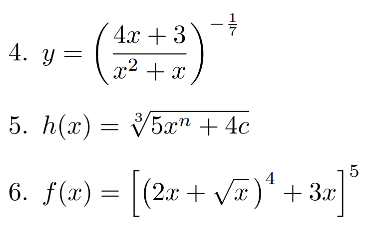 4. y =
(
4x + 3
x² + x
-
17
5. h(x) = 3/5x +4c
6. f(x)
=
= [(2x + √x) * + 3x]
4
5