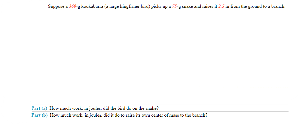 Suppose a 360-g kookaburra (a large kingfisher bird) picks up a 75-g snake and raises it 2.5 m from the ground to a branch.
Part (a) How much work, in joules, did the bird do on the snake?
Part (b) How much work, in joules, did it do to raise its own center of mass to the branch?