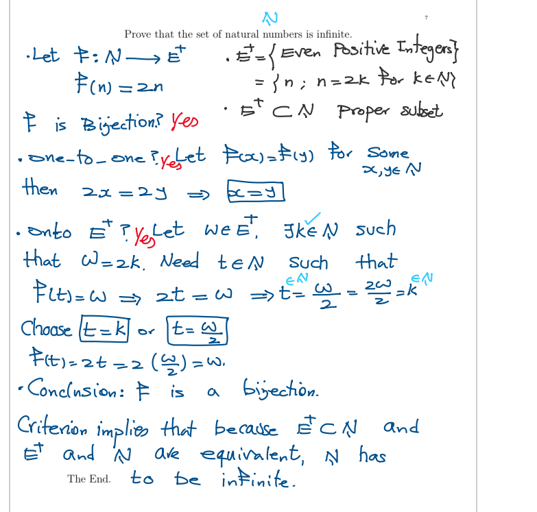 Prove that the set of natural numbers is infinite.
·Let : NÈ
F(n) = 2n
F is Bijection? Yes
• One-to-one ?yelet F(x) = f(y) for some
X, YE N
then
2x=2y => x=y
+
onto Et? YLet weE, JKEN Such
that W=2k. Need tEN Such
that
200
Flts=w
EN
zt=w => t = @=22=k
Choose t-k
F(t)=2t=2(2)=w
•Conclusion: F is
Criterion implies that because ECN and
E and N
are equivalent, N has
to be infinite.
The End.
=>>
• E= {
Even Positive Integers}
= ³n; n=2k For KENY
5 CN Proper subset
or
t = w
2
a bijection.
EN