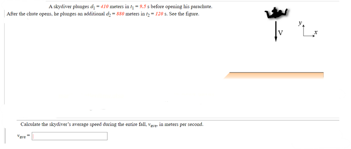 A skydiver plunges d₁ = 410 meters in t₁ = 9.5 s before opening his parachute.
After the chute opens, he plunges an additional d₂ = 880 meters in t₂ = 120 s. See the figure.
Calculate the skydiver's average speed during the entire fall, vave, in meters per second.
Vave =
V
y.
X