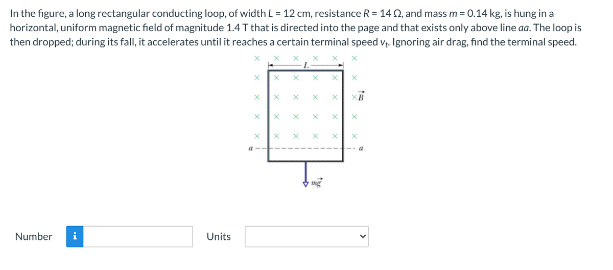 In the figure, a long rectangular conducting loop, of width L = 12 cm, resistance R = 14 N, and mass m = 0.14 kg, is hung in a
horizontal, uniform magnetic field of magnitude 1.4 T that is directed into the page and that exists only above line aa. The loop is
then dropped; during its fall, it accelerates until it reaches a certain terminal speed vț. Ignoring air drag, find the terminal speed.
%3D
a
mg
Number
Units
