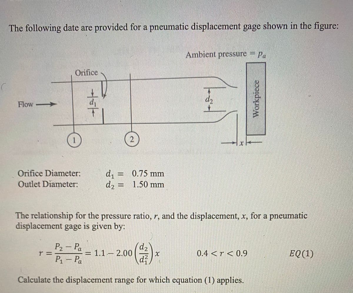 The following date are provided for a pneumatic displacement gage shown in the figure:
Ambient pressure = Pa
Orifice
Flow
di
2
d, = 0.75 mm
d2 = 1.50 mm
Orifice Diameter:
%3D
Outlet Diameter:
The relationship for the pressure ratio, r, and the displacement, x, for a pneumatic
displacement gage is given by:
P2 - Pa
r =
P1- Pa
d2
= 1.1– 2.00
d?
0.4 <r < 0.9
EQ(1)
Calculate the displacement range for which equation (1) applies.
Workpiece
