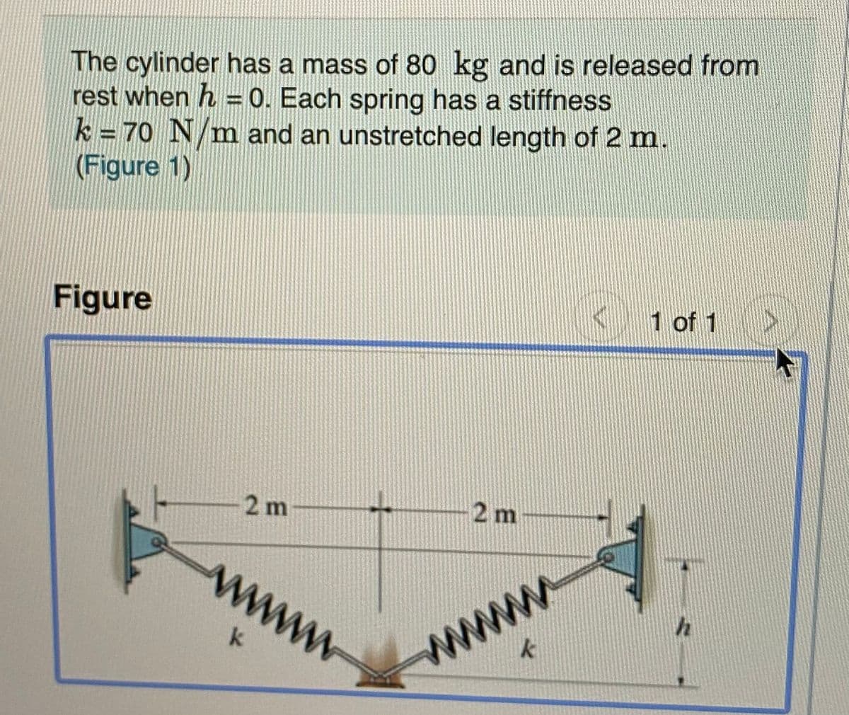 The cylinder has a mass of 80 kg and is released from
rest when h =0. Each spring has a stiffness
k = 70 N/m and an unstretched length of 2 m.
(Figure 1)
Figure
< 1 of 1
2 m
2 m
ww
www
