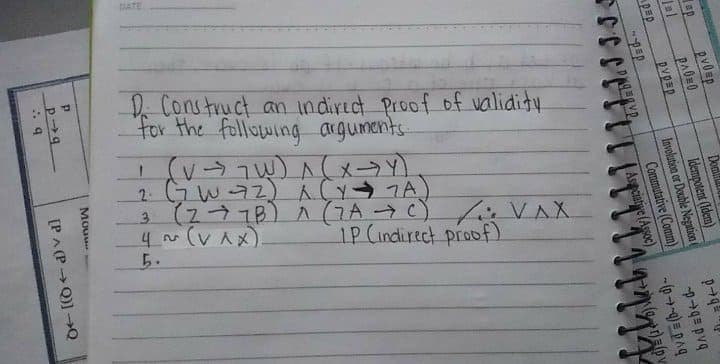 ATE
A. Construct an indired Proof of validity
for the fllywing arguments
3 (277B) ^ (7A C)fiVAX
4~(VAx)
5.
IP (indirect proof)
ap
Donl
Idempotent (Idem)
Involution or Double Negation
Commutative (Comm)
ciative (Assoc)
PEP
As
Mou
[PA (P Q)] →Q
