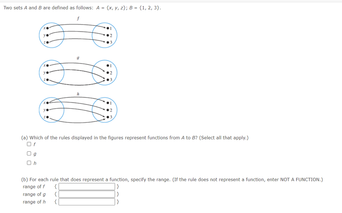 Two sets A and B are defined as follows: A = {x, y, z}; B = {1, 2, 3}.
y●
Og
Oh
y●
f
20
●3
●3
(a) Which of the rules displayed in the figures represent functions from A to B? (Select all that apply.)
Of
(b) For each rule that does represent a function, specify the range. (If the rule does not represent a function, enter NOT A FUNCTION.)
range of f
}
{
range of g
{
range of h
{