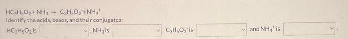 HC3H5O2+ NH3 C3H5O₂ + NH4*
Identify the acids, bases, and their conjugates:
HC₂H5O₂ is
NH3is
C3H5O₂ is
and NH4 is