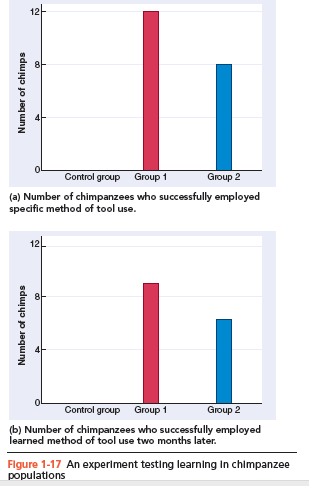 12
Control group
Group 1
Group 2
(a) Number of chimpanzees who successfully employed
specific method of tool use.
12-
Control group
Group 1
Group 2
(b) Number of chimpanzees who successfully employed
learned method of tool use two months later.
Flgure 1-17 An experiment testing learning in chimpanzee
populations
Number of chimps
Num ber of chimps
