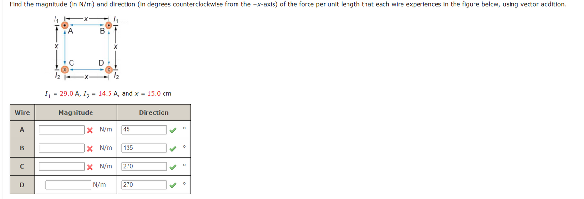 Find the magnitude (in N/m) and direction (in degrees counterclockwise from the +x-axis) of the force per unit length that each wire experiences in the figure below, using vector addition.
Wire
A
B
с
A
C
B
D
I₁ = 29.0 A, I₂ = 14.5 A, and x = 15.0 cm
Magnitude
X N/m
X N/m
45
N/m
135
X N/m 270
270
Direction