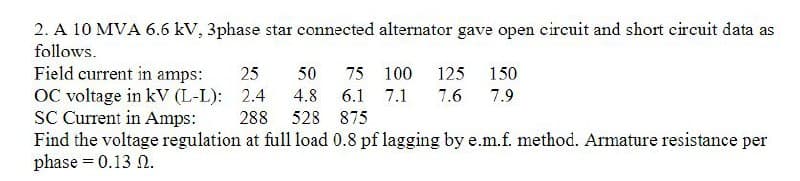 2. A 10 MVA 6.6 kV, 3phase star connected alternator gave open circuit and short circuit data as
follows.
Field current in amps:
25
50
OC voltage in kV (L-L):
2.4
SC Current in Amps:
288
75 100 125
4.8 6.1 7.1 7.6
528 875
150
7.9
Find the voltage regulation at full load 0.8 pf lagging by e.m.f. method. Armature resistance per
phase 0.13 0.