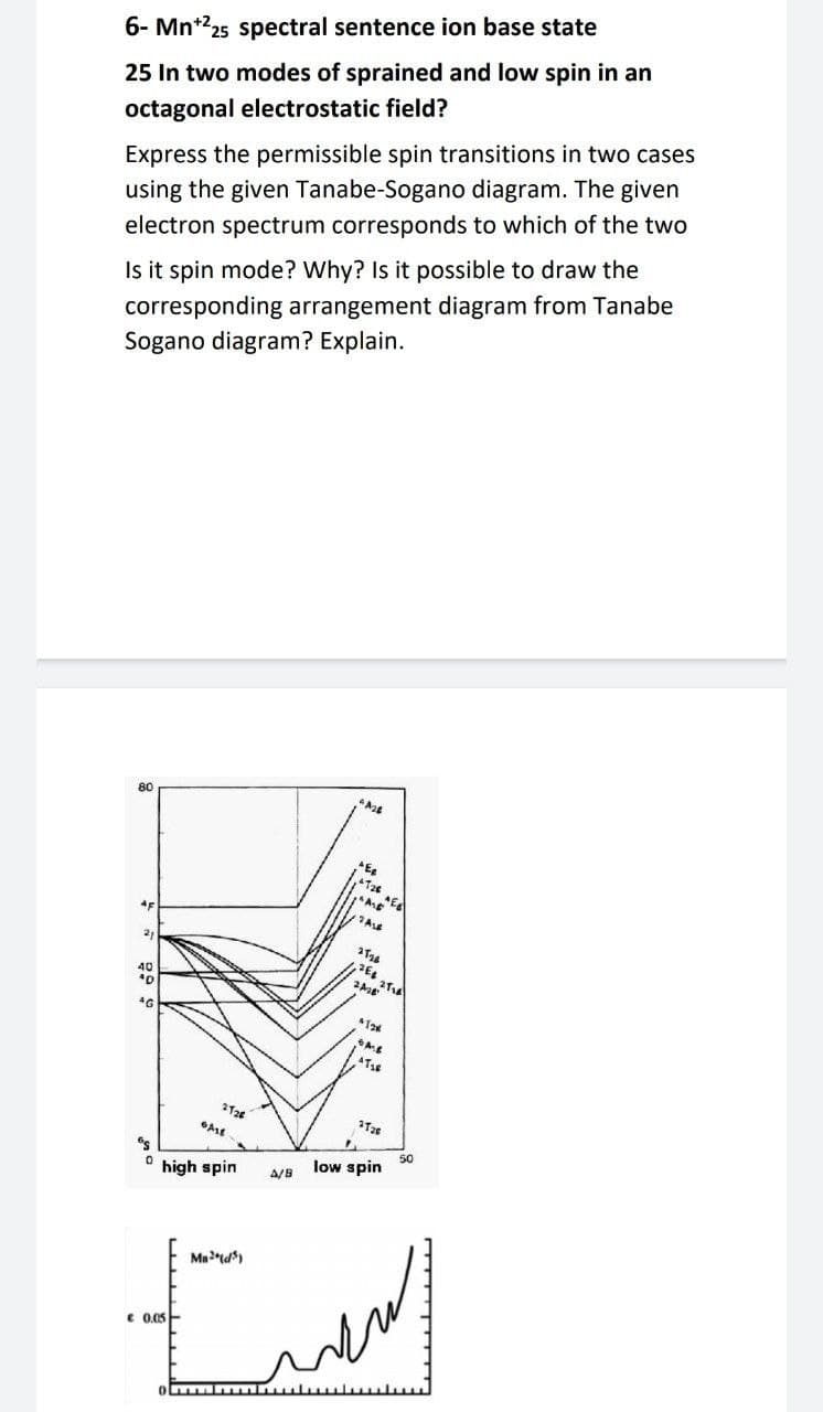 6- Mn+225 spectral sentence ion base state
25 In two modes of sprained and low spin in an
octagonal electrostatic field?
Express the permissible spin transitions in two cases
using the given Tanabe-Sogano diagram. The given
electron spectrum corresponds to which of the two
Is it spin mode? Why? Is it possible to draw the
corresponding arrangement diagram from Tanabe
Sogano diagram? Explain.
80
*Aze
21
4G
high spin
low spin
50
A/B
€ 0.05-
