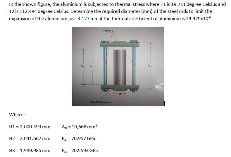 In the shown figure, the aluminium is subjected to thermal stress where T1 is 19.711 degree Celsius and
T2 is 112.494 degree Celsius. Determine the required diameter (mm) of the steel rods to limit the
expansion of the aluminium just 3.127 mm if the thermal coefficient of aluminium is 24.429x10
STEEL
HZ
Where:
H1 = 2,000.493 mm
H2 = 2,041.667 mm
H3 = 1,999.985 mm
ALUMINUM
Aal = 19,668 mm²
Eal = 70.957 GPa
Est = 202.593 GPa