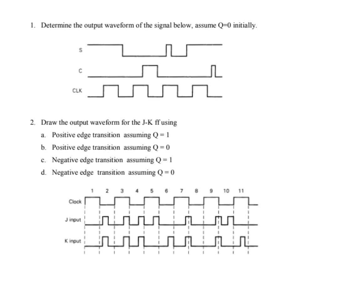 1. Determine the output waveform of the signal below, assume Q=0 initially.
C
CLK
2. Draw the output waveform for the J-K ff using
a. Positive edge transition assuming Q = 1
b. Positive edge transition assuming Q = 0
c. Negative edge transition assuming Q = 1
d. Negative edge transition assuming Q = 0
6 7 8 9 10 11
Clock
J input
K input
