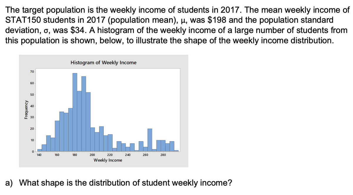 The target population is the weekly income of students in 2017. The mean weekly income of
STAT150 students in 2017 (population mean), µ, was $198 and the population standard
deviation, o, was $34. A histogram of the weekly income of a large number of students from
this population is shown, below, to illustrate the shape of the weekly income distribution.
Frequency
70
60
50
40
30
20
10
0
140
160
Histogram of Weekly Income
180
220
Weekly Income
200
240
260
280
a) What shape is the distribution of student weekly income?