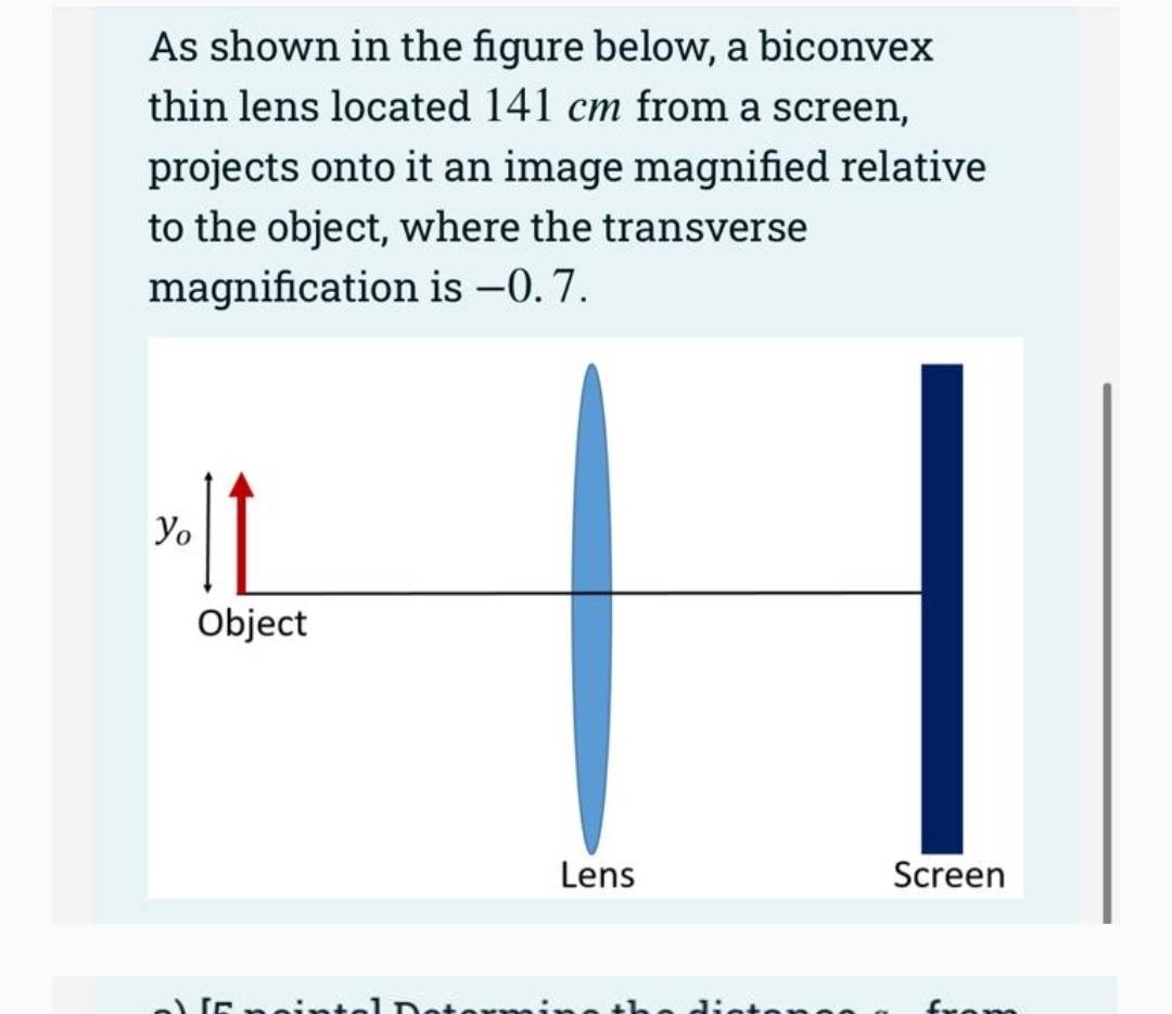 As shown in the figure below, a biconvex
thin lens located 141 cm from a screen,
projects onto it an image magnified relative
to the object, where the transverse
magnification is –0.7.
Yo
Object
Lens
Screen
fron
