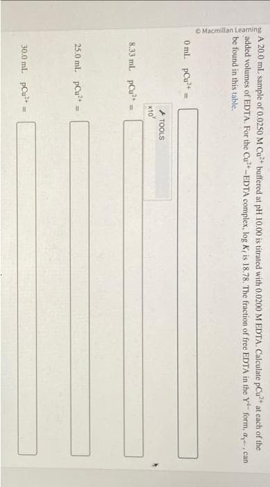 O Macmillan Learning
A 20.0 mL sample of 0.0250 M Cu²+ buffered at pH 10.00 is titrated with 0.0200 M EDTA. Calculate pCu² at each of the
added volumes of EDTA. For the Cu²+-EDTA complex, log Kr is 18.78. The fraction of free EDTA in the Y- form, ay, can
be found in this table.
0 mL pCu²+ = =
8.33 ml. pCu²+
x10
25.0 ml. pCu²+ =
30.0 mL pCu²+ =
TOOLS