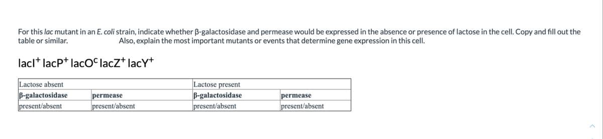 For this lac mutant in an E. coli strain, indicate whether B-galactosidase and permease would be expressed in the absence or presence of lactose in the cell. Copy and fill out the
table or similar.
Also, explain the most important mutants or events that determine gene expression in this cell.
lacl+ lacP+ lacOC lacZ* lacY+
Lactose present
B-galactosidase
|present/absent
Lactose absent
B-galactosidase
|present/absent
permease
permease
|present/absent
present/absent
