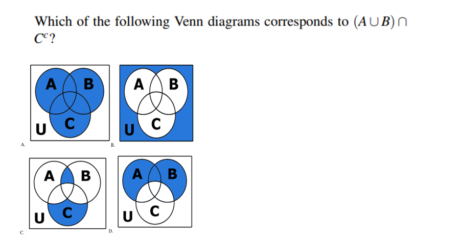 A.
Which of the following Venn diagrams corresponds to (AUB)
Cc?
A
UC
B
A B
UC
B.
D.
A B
C
A B
UC