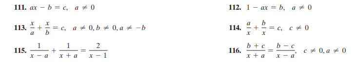 111. ах — b %— с, а # 0
112. 1 — ах %— b, а #0
- + = c, a + 0, b + 0, a + -b
b
a
b
114. - + - с,
113.
c + 0
1.
b + c
116.
b - с
115.
c + 0, a + 0
+
х — а
x + a
х — 1
х+а
х — а

