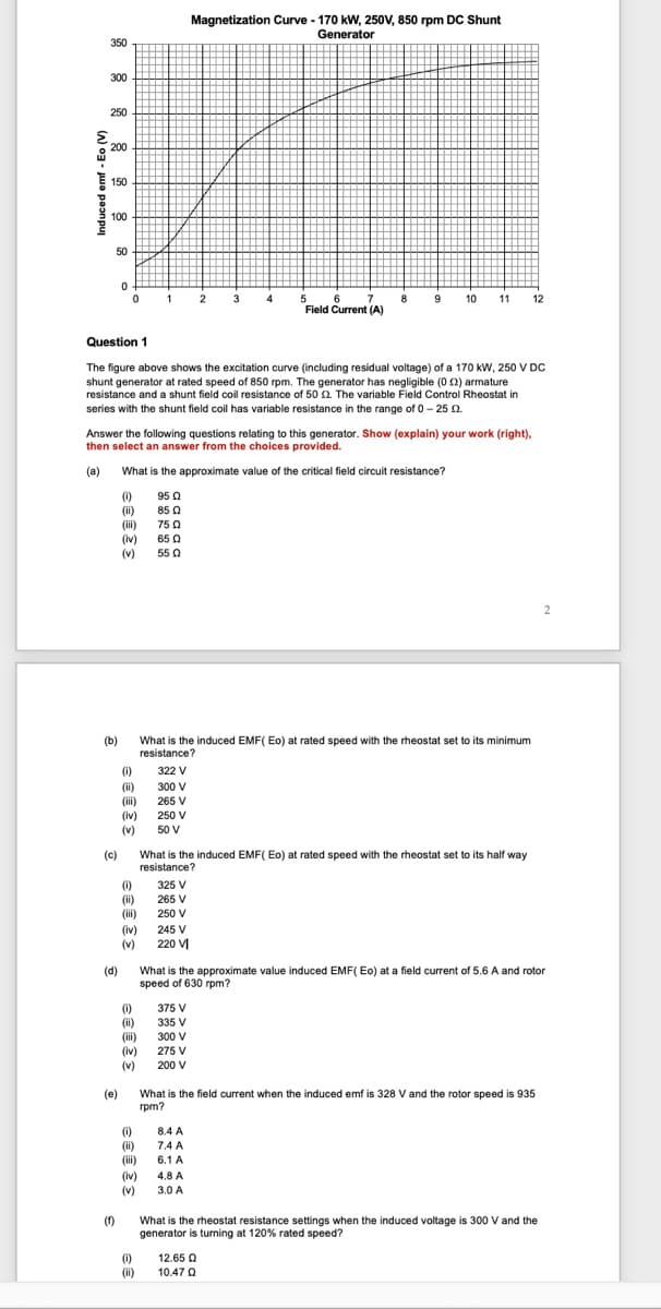 Magnetization Curve - 170 kW, 250V, 850 rpm DC Shunt
Generator
350
300
250
200
150
100
50
2 3
6 7
5
8
9
10
11 12
Field Current (A)
Question 1
The figure above shows the excitation curve (including residual voltage) of a 170 kw, 250 V DC
shunt generator at rated speed of 850 rpm. The generator has negligible (0 2) armature
resistance and a shunt field coil resistance of 50 2. The variable Field Control Rheostat in
series with the shunt field coil has variable resistance in the range of 0- 25 2.
Answer the following questions relating to this generator. Show (explain) your work (right),
then select an answer from the choices provided.
(a)
What is the approximate value of the critical field circuit resistance?
(1)
(ii)
(ii)
(iv)
(v)
95 0
85 0
75 0
65 Q
55 0
(b)
What is the induced EMF( Eo) at rated speed with the rheostat set to its minimum
resistance?
(i)
322 V
(ii)
300 V
(i)
265 V
(iv)
(v)
250 V
50 V
What is the induced EMF( Eo) at rated speed with the rheostat set to its half way
resistance?
(c)
()
(i)
(iii)
325 V
265 V
250 V
(iv)
(v)
245 V
220 V
What is the approximate value induced EMF( Eo) at a field current of 5.6 A and rotor
speed of 630 rpm?
(d)
()
(i)
(i)
(iv)
(v)
375 V
335 V
300 V
275 V
200 V
(e)
What is the field current when the induced emf is 328 V and the rotor speed is 935
rpm?
(1)
(i)
(ii)
8.4 A
7.4 A
6.1 A
(iv)
(v)
4.8 A
3.0 A
(f)
What is the rheostat resistance settings when the induced voltage is 300 V and the
generator is turning at 120% rated speed?
(1)
(i)
12.65 Q
10.47 Q
Induced emf - Eo (V)
灵
