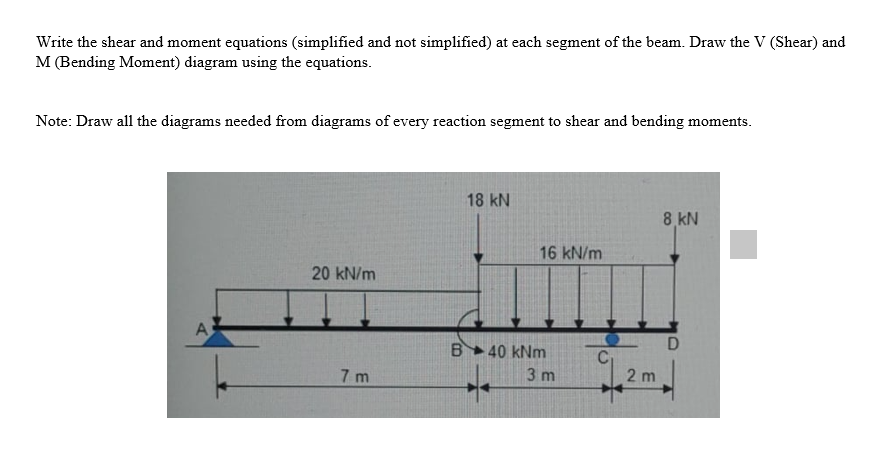 Write the shear and moment equations (simplified and not simplified) at each segment of the beam. Draw the V (Shear) and
M (Bending Moment) diagram using the equations.
Note: Draw all the diagrams needed from diagrams of every reaction segment to shear and bending moments.
18 kN
8 kN
16 kN/m
20 kN/m
A
B40 kNm
7 m
3 m
2 m
