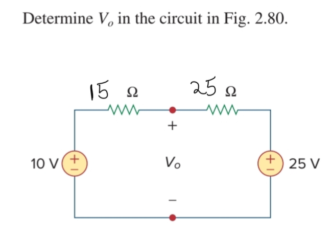 Determine V, in the circuit in Fig. 2.80.
15 a
Ω
+
10 V(+
Vo
25 V
+1
