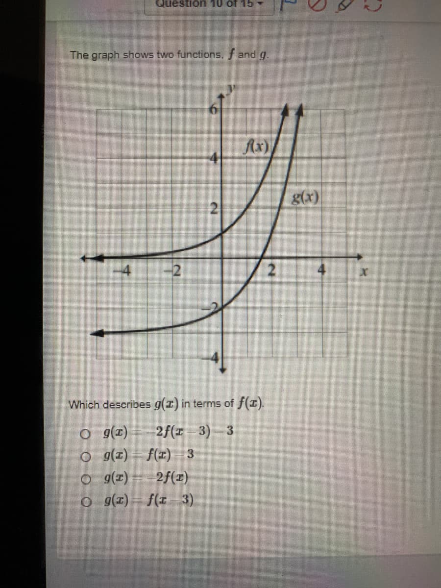 Question 10 of 15
The graph shows two functions, f and g.
Ax)
4
g(x)
-2
4
Which describes g(r) in terms of f(r).
o g(r) = -2f(x 3)-3
o g(1) - f(x) – 3
o g(1) =-2f(r)
g(z) f(r 3)
2.
2)
