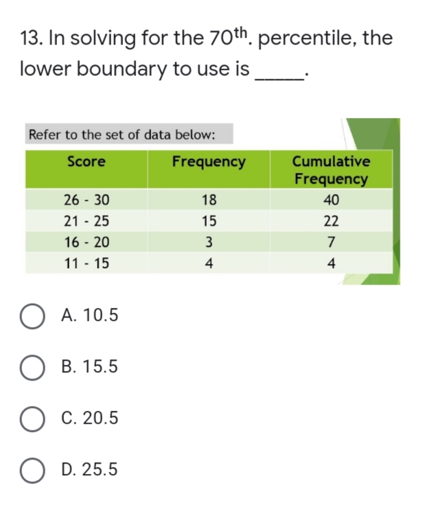 13. In solving for the 70th. percentile, the
lower boundary to use is
Refer to the set of data below:
Score
Frequency
Cumulative
Frequency
26 - 30
21 - 25
18
40
15
22
16 - 20
3
7
11 - 15
4
4
О А. 10.5
ОВ. 15.5
C. 20.5
O D. 25.5
