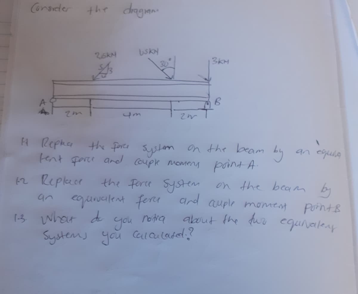 Corsieder the dragian
UsKN
3KM
A
A Repka Hhe force syston on the beam
tent force and coupk momeng point A
an equila
2 Repleer
the ferce Systen on the beam by
cquvailent ferer
an
and auple moment
Purnts
equivaleny
1-3 whot d
you
about the fur
Systems you alaladel?
