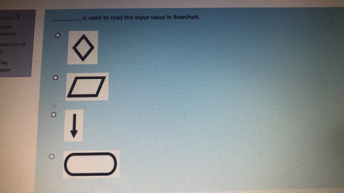 estion
is used to read the input value in flowchart.
at yet
swered
rked out of
Elag
stion
