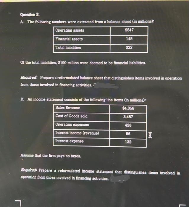 Question 2:
A. The following numbers were extracted from a balance sheet (in millions):
$547
145
322
Operating assets
Financial assets
Total liabilities
of the total liabilities, $190 million were deemed to be financial liabilities.
Required: Prepare a reformulated balance sheet that distinguishes items involved in operation
from those involved in financing activities.
B. An income statement consists of the following line items (in millions):
Sales Revenue
$4,356
Cost of Goods sold
3,487
Operating expenses
428
Interest income (revenue)
56
Interest expense
132
Assume that the firm pays no taxes.
7
I
Required: Prepare a reformulated income statement that distinguishes items involved in
operation from those involved in financing activities.
L