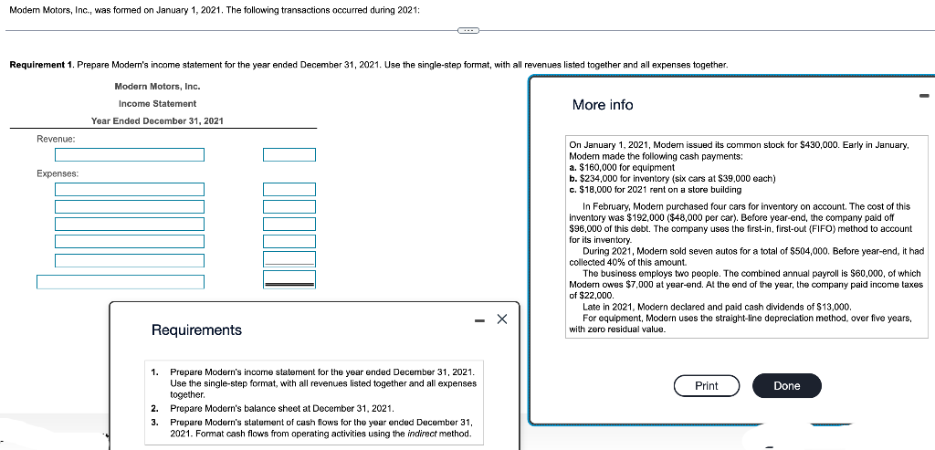 Modem Motors, Inc., was formed on January 1, 2021. The following transactions occurred during 2021:
Requirement 1. Prepare Modern's income statement for the year ended December 31, 2021. Use the single-step format, with all revenues listed together and all expenses together.
Modern Motors, Inc.
Income Statement
Year Ended December 31, 2021
Revenue:
Expenses:
Requirements
1. Prepare Modern's income statement for the year ended December 31, 2021.
Use the single-step format, with all revenues listed together and all expenses
together.
2. Prepare Modern's balance sheet at December 31, 2021.
3.
Prepare Modern's statement of cash flows for the year ended December 31,
2021. Format cash flows from operating activities using the indirect method.
More info
On January 1, 2021, Modem issued its common stock for $430,000. Early in January,
Modern made the following cash payments:
a. $160,000 for equipment
b. $234,000 for inventory (six cars at $39,000 each)
c. $18,000 for 2021 rent on a store building
In February, Modern purchased four cars for inventory on account. The cost of this
inventory was $192,000 ($48,000 per car). Before year-end, the company paid off
$96,000 of this debt. The company uses the first-in, first-out (FIFO) method to account
for its inventory.
During 2021, Modern sold seven autos for a total of $504,000. Before year-end, it had
collected 40% of this amount.
The business employs two people. The combined annual payroll is $60,000, of which
Modern owes $7,000 at year-end. At the end of the year, the company paid income taxes
of $22,000.
Late in 2021, Modern declared and paid cash dividends of $13,000.
For equipment, Modern uses the straight-line depreciation method, over five years,
with zero residual value.
Print
Done