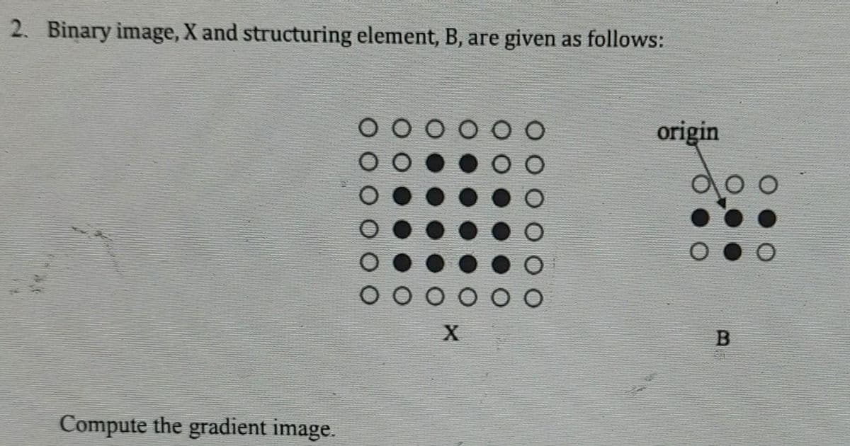 2. Binary image, X and structuring element, B, are given as follows:
origin
X
B
Compute the gradient image.
