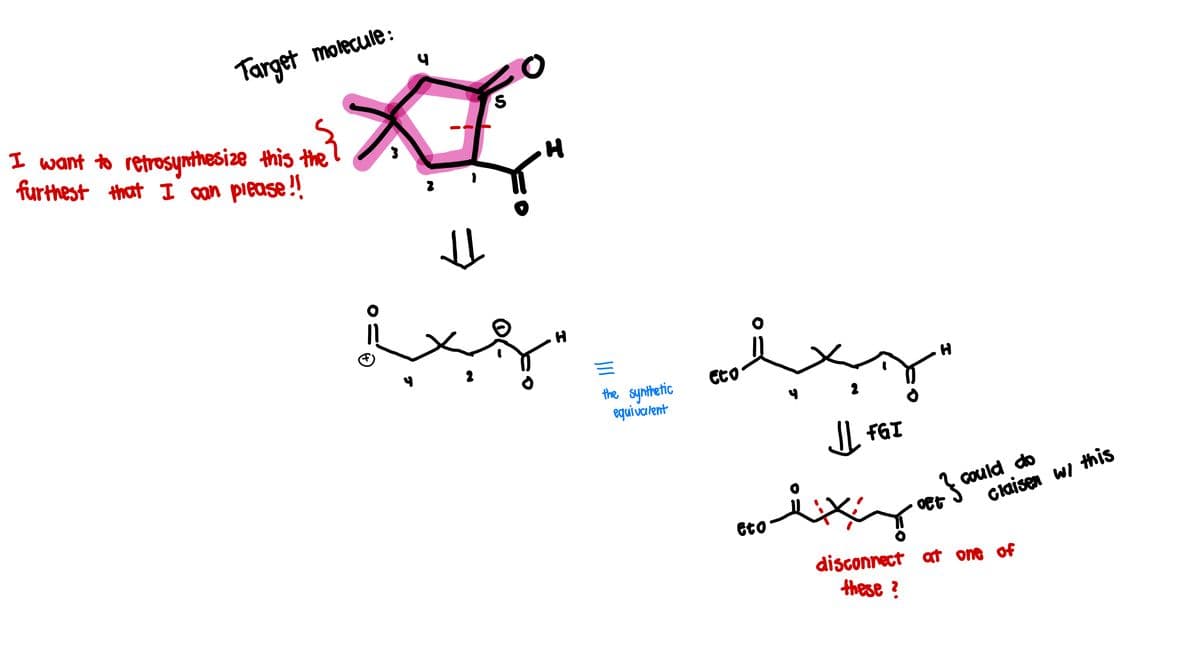 Target molecule :
I want to retrosynthesize this the
furthest that I can please!!
لا
s
H
بعب
the synthetic
equivalent
Et o
پیجز
Eto
]] faz
-}
066
could do
Claisen w/ this
disconnect at one of
these?