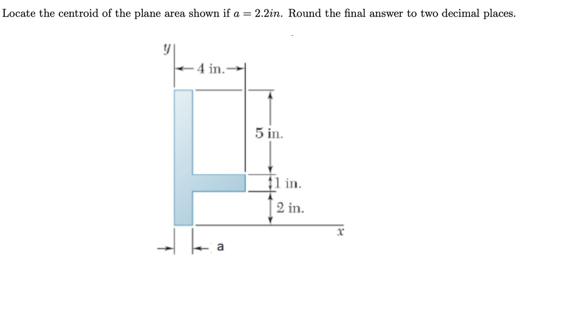 Locate the centroid of the plane area shown if a = 2.2in. Round the final answer to two decimal places.
Y
-4 in.
a
5 in.
$1 in.
2 in.