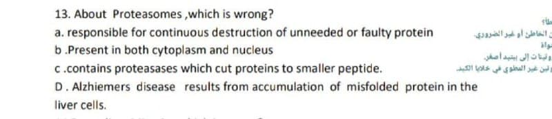 13. About Proteasomes ,which is wrong?
a. responsible for continuous destruction of unneeded or faulty protein
b.Present in both cytoplasm and nucleus
د الخاطن أو غير الضروری
وتينات إلى ببنيد أصفي
وتين غير المطوي في خلايا الكید.
c.contains proteasases which cut proteins to smaller peptide.
D. Alzhiemers disease results from accumulation of misfolded protein in the
liver cells.
