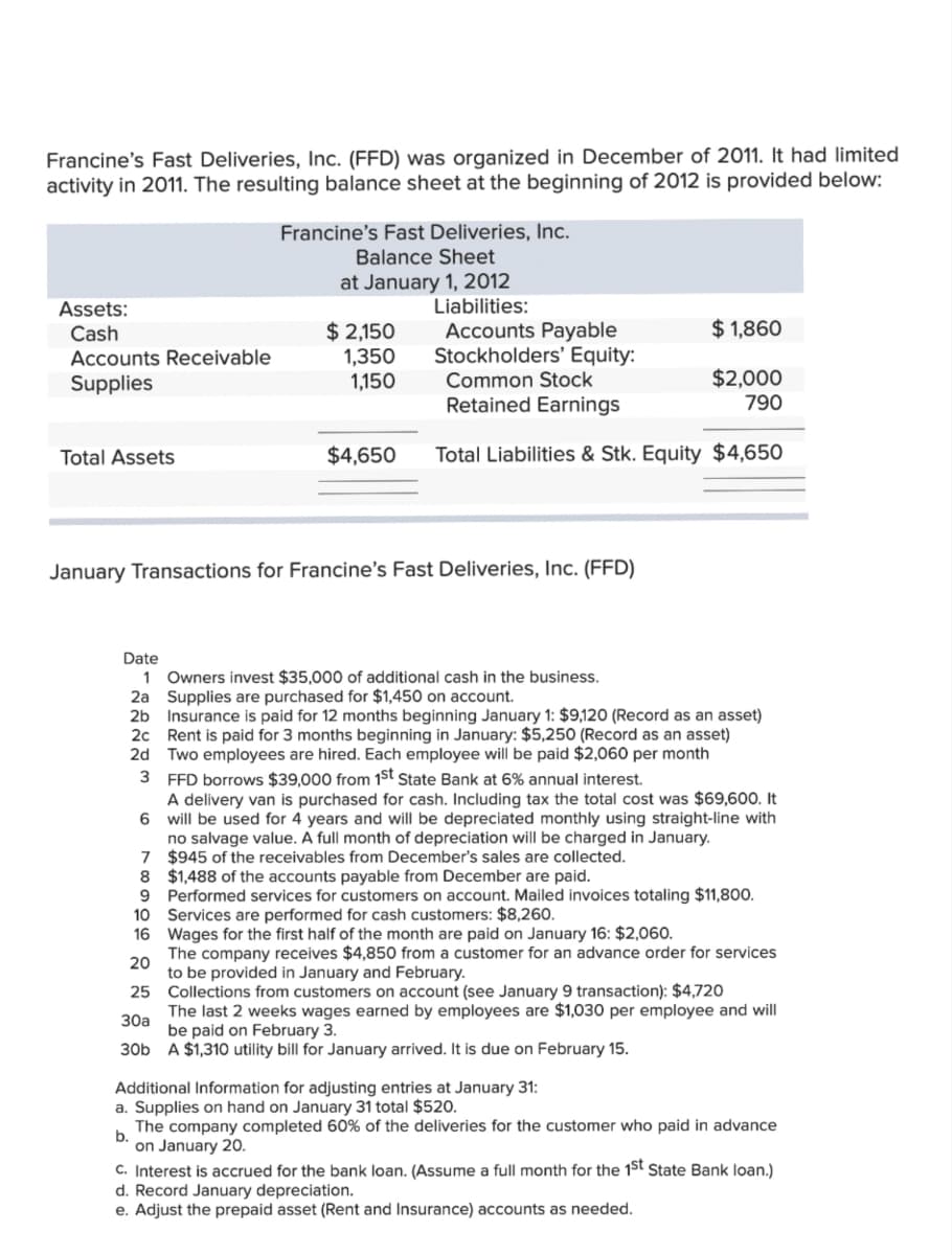 Francine's Fast Deliveries, Inc. (FFD) was organized in December of 2011. It had limited
activity in 2011. The resulting balance sheet at the beginning of 2012 is provided below:
Assets:
Cash
Accounts Receivable
Supplies
Total Assets
Francine's Fast Deliveries, Inc.
Balance Sheet
at January 1, 2012
$ 2,150
1,350
1,150
Liabilities:
Accounts Payable
Stockholders' Equity:
Common Stock
Retained Earnings
$4,650 Total Liabilities & Stk. Equity $4,650
$1,860
$2,000
790
January Transactions for Francine's Fast Deliveries, Inc. (FFD)
Date
1 Owners invest $35,000 of additional cash in the business.
2a Supplies are purchased for $1,450 on account.
2b Insurance is paid for 12 months beginning January 1: $9,120 (Record as an asset)
2c Rent is paid for 3 months beginning in January: $5,250 (Record as an asset)
2d Two employees are hired. Each employee will be paid $2,060 per month
3
FFD borrows $39,000 from 1st State Bank at 6% annual interest.
6
A delivery van is purchased for cash. Including tax the total cost was $69,600. It
will be used for 4 years and will be depreciated monthly using straight-line with
no salvage value. A full month of depreciation will be charged in January.
$945 of the receivables from December's sales are collected.
7
8
$1,488 of the accounts payable from December are paid.
9
Performed services for customers on account. Mailed invoices totaling $11,800.
10 Services are performed cash customers: $8,260.
16 Wages for the first half of the month are paid on January 16: $2,060.
20
The company receives $4,850 from a customer for an advance order for services
to be provided in January and February.
25
Collections from customers on account (see January 9 transaction): $4,720
30a
The last 2 weeks wages earned by employees are $1,030 per employee and will
be paid on February 3.
30b A $1,310 utility bill for January arrived. It is due on February 15.
Additional Information for adjusting entries at January 31:
a. Supplies on hand on January 31 total $520.
b.
The company completed 60% of the deliveries for the customer who paid in advance
on January 20.
c. Interest is accrued for the bank loan. (Assume a full month for the 1st State Bank loan.)
d. Record January depreciation.
e. Adjust the prepaid asset (Rent and Insurance) accounts as needed.