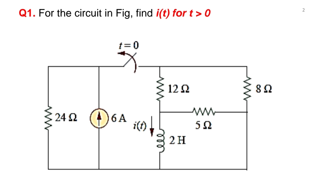 Q1. For the circuit in Fig, find i(t) for t > 0
t= 0
3 122
82
24 2
16 A
i(f)
50
2H
ele
