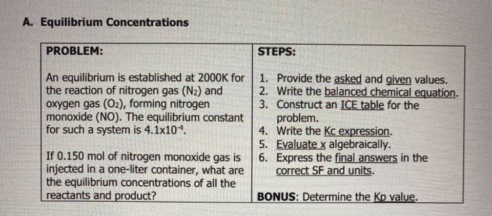 A. Equilibrium Concentrations
PROBLEM:
STEPS:
An equilibrium is established at 2000K for
the reaction of nitrogen gas (N2) and
oxygen gas (O2), forming nitrogen
monoxide (NO). The equilibrium constant
for such a system is 4.1x10*.
1. Provide the asked and given values.
2. Write the balanced chemical equation.
3. Construct an ICE table for the
problem.
4. Write the Kc expression.
5. Evaluate x algebraically.
6. Express the final answers in the
correct SF and units.
If 0.150 mol of nitrogen monoxide gas
injected in a one-liter container, what are
the equilibrium concentrations of all the
reactants and product?
BONUS: Determine the Kp value.
