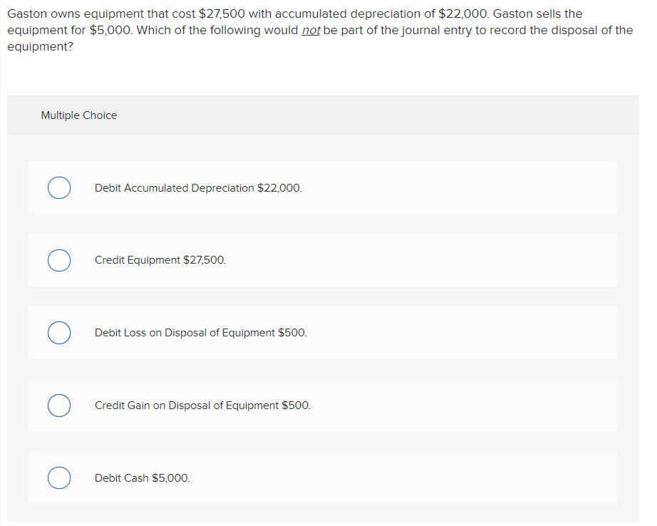 Gaston owns equipment that cost $27,500 with accumulated depreciation of $22,000. Gaston sells the
equipment for $5,000. Which of the following would not be part of the journal entry to record the disposal of the
equipment?
Multiple Choice
Debit Accumulated Depreciation $22,000.
Credit Equipment $27,500.
Debit Loss on Disposal of Equipment $500.
Credit Gain on Disposal of Equipment $500.
Debit Cash $5,000.
