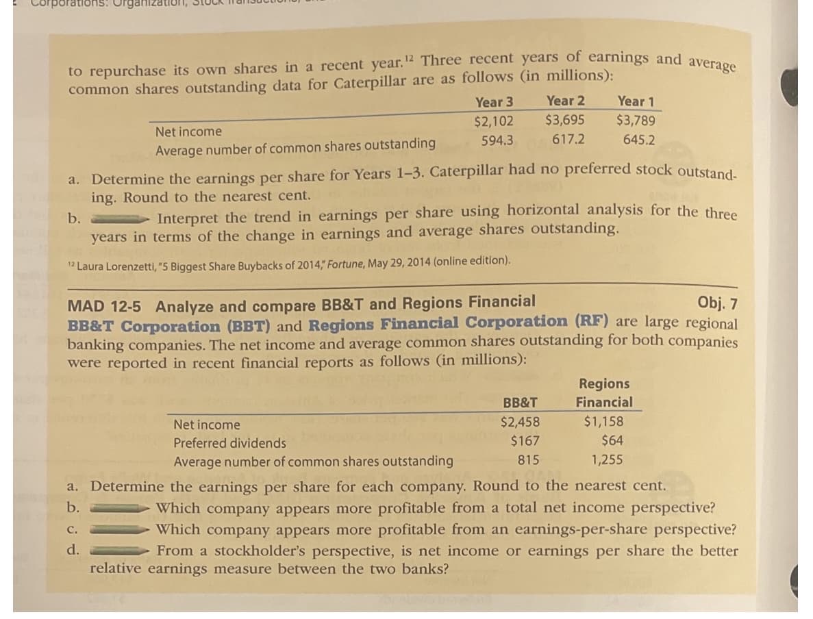 to repurchase its own shares in a recent year, 12 Three recent years of earnings and average
common shares outstanding data for Caterpillar are as follows (in millions):
Year 2
Year 3
Year 1
$2,102
$3,695
$3,789
Net income
594.3
617.2
645.2
Average number of common shares outstanding
a. Determine the earnings per share for Years 1-3. Caterpillar had no preferred stock outstand
ing. Round to the nearest cent.
b.
Interpret the trend in earnings per share using horizontal analysis for the thre
years in terms of the change in earnings and average shares outstanding.
1* Laura Lorenzetti, "5 Biggest Share Buybacks of 2014," Fortune, May 29, 2014 (online edition).
MAD 12-5 Analyze and compare BB&T and Regions Financial
BB&T Corporation (BBT) and Regions Financial Corporation (RF) are large regional
banking companies. The net income and average common shares outstanding for both companies
were reported in recent financial reports as follows (in millions):
Obj. 7
Regions
Financial
BB&T
$2,458
$167
$1,158
$64
Net income
Preferred dividends
Average number of common shares outstanding
815
1,255
a. Determine the earnings per share for each company. Round to the nearest cent.
Which company appears more profitable from a total net income perspective?
Which company appears more profitable from an earnings-per-share perspective?
From a stockholder's perspective, is net income or earnings per share the better
b.
с.
d.
relative earnings measure between the two banks?
