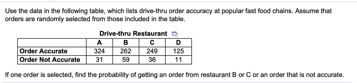 Use the data in the following table, which lists drive-thru order accuracy at popular fast food chains. Assume that
orders are randomly selected from those included in the table.
Drive-thru Restaurant D
A
В
D
Order Accurate
324
262
249
125
Order Not Accurate
31
59
36
11
If one order is selected, find the probability of getting an order from restaurant B or C or an order that is not accurate.
