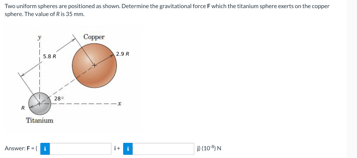 Two uniform spheres are positioned as shown. Determine the gravitational force F which the titanium sphere exerts on the copper
sphere. The value of R is 35 mm.
Copper
y
|
2.9 R
j) (108) N
R
5.8 R
Titanium
Answer: F = (i
28°
i+
T
IN