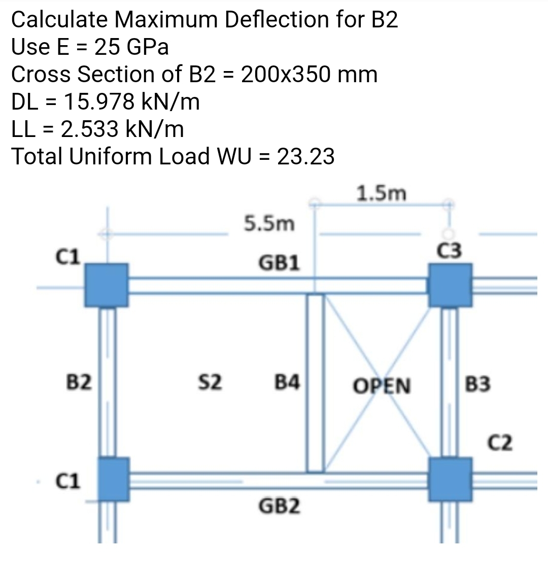 Calculate Maximum Deflection for B2
Use E = 25 GPa
Cross Section of B2 = 200x350 mm
DL = 15.978 kN/m
LL = 2.533 kN/m
Total Uniform Load WU = 23.23
1.5m
5.5m
C1
C3
GB1
B2
S2
B4
OPEN
B3
C2
C1
GB2
