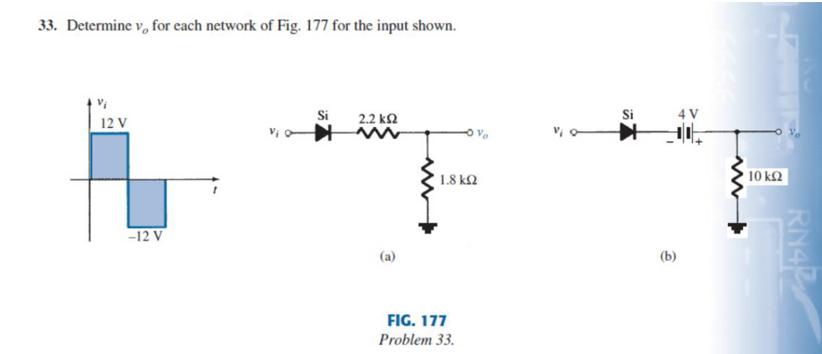 33. Determine v, for each network of Fig. 177 for the input shown.
Vi
Si
2.2 k2
Si
4 V
12 V
Vo
1.8 k2
10 k2
-12 V
(a)
(b)
FIG. 177
Problem 33.
RN4P
