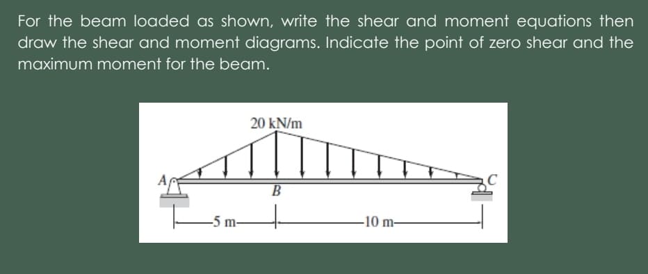 For the beam loaded as shown, write the shear and moment equations then
draw the shear and moment diagrams. Indicate the point of zero shear and the
maximum moment for the beam.
20 kN/m
B
-5 m.
-10 m-
