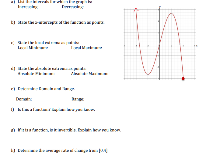 a) List the intervals for which the graph is:
Increasing:
Decreasing:
b) State the x-intercepts of the function as points.
c) State the local extrema as points:
-8
-4
-2
6X
Local Minimum:
Local Maximum:
d) State the absolute extrema as points:
Absolute Minimum:
Absolute Maximum:
e) Determine Domain and Range.
Domain:
Range:
) Is this a function? Explain how you know.
g) If it is a function, is it invertible. Explain how you know.
h) Determine the average rate of change from [0,4]
