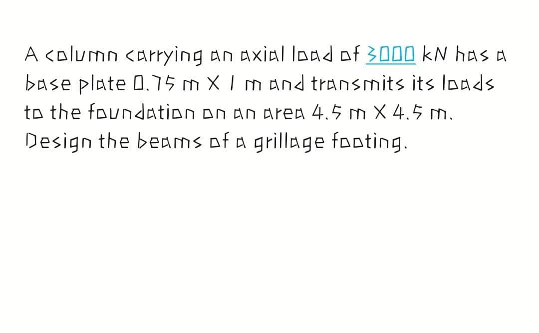 A <olumn carrying an axial load of 3000 kN has a
base plate 0.75m X Lmannd transmits its loads
to the foundation on an area 4.5 m X 4.5 m.
Design the beAMs of a grillage footing.
